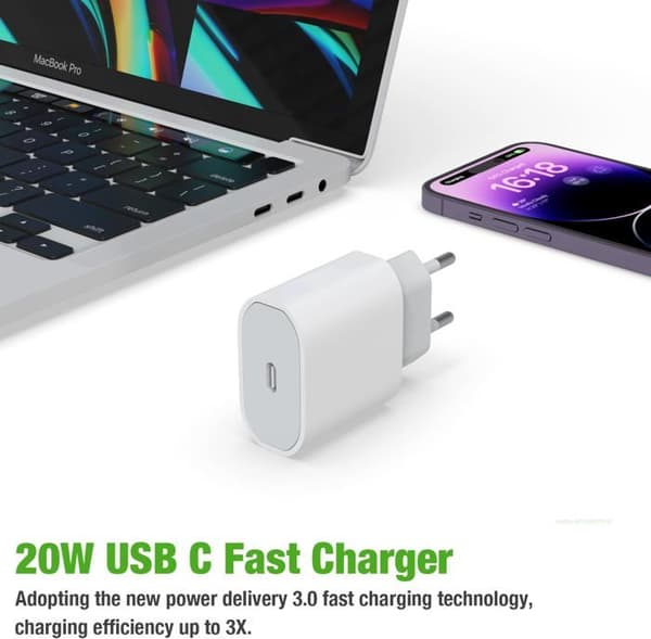 Snabb USB C-laddare - MFI - 20W - Kompatibel med iPhone 16/15 Pro - 6 fot kabel - Inbyggt säkerhetssystem