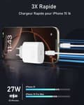 Miniatyrbild 3 av 6: Snabb Laddare - USB-C Adapter - 27W - Kompatibel med iPhone 15/16 - 2m Kabel - Säkert Skydd