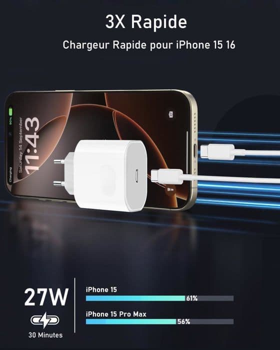Snabb Laddare - USB-C Adapter - 27W - Kompatibel med iPhone 15/16 - 2m Kabel - Säkert Skydd