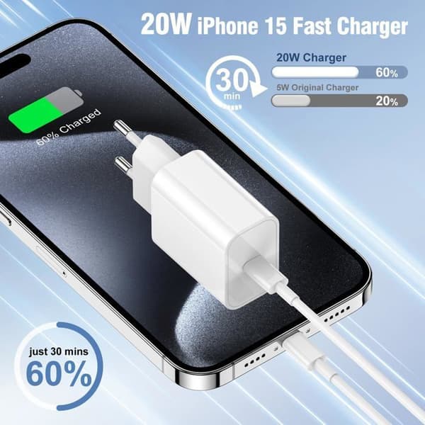Snabbladdare - Apple - iPhone 16 - 20W - USB-C - Kabel 2m