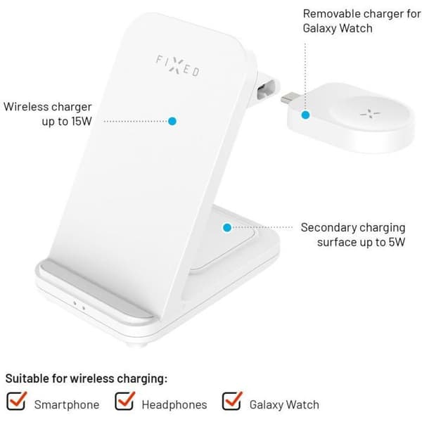 FIXED Powerstation för Samsung med trådlös laddning för upp till 3 enheter vit