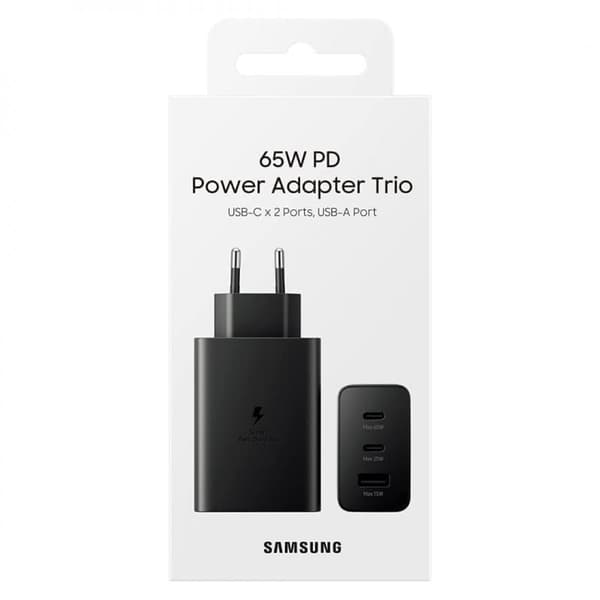 Samsung 65W PD Strömadapter Trio (USB-C x 2, USB-A) Väggladdare - Svart Svart