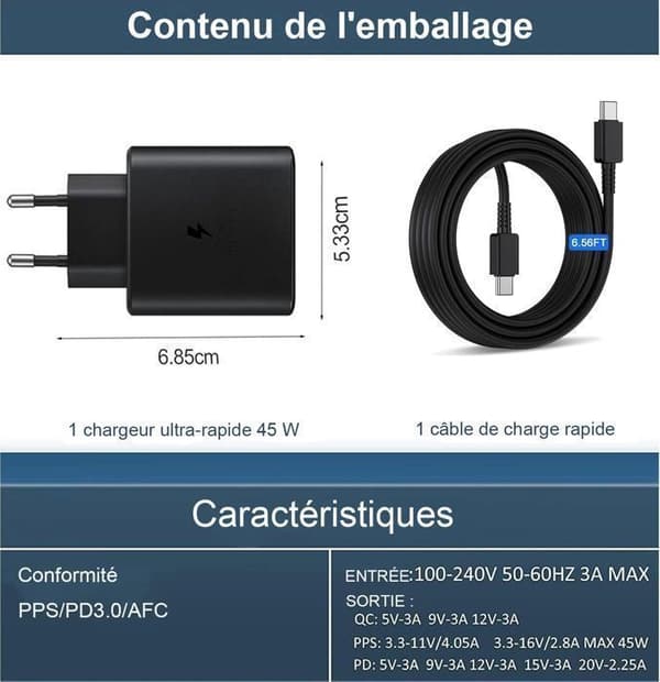 Laddare 45W Super Snabbladdning kompatibel med Samsung Galaxy S24+, S24 Ultra, USB C Väggadapter med 5A Kabel - 2 PCS (Svart)
