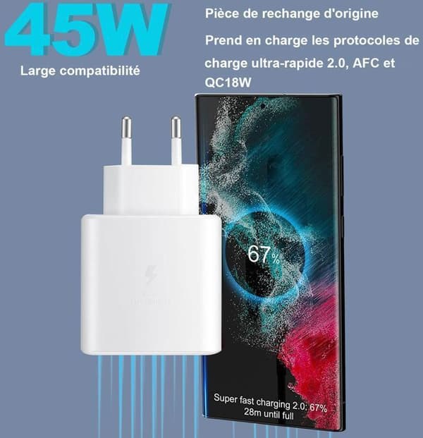 Laddare 45W Super Snabbladdning kompatibel med Samsung Galaxy S24+, S24 Ultra, USB C Väggadapter med 5A Kabel - 2 PCS (Vit)
