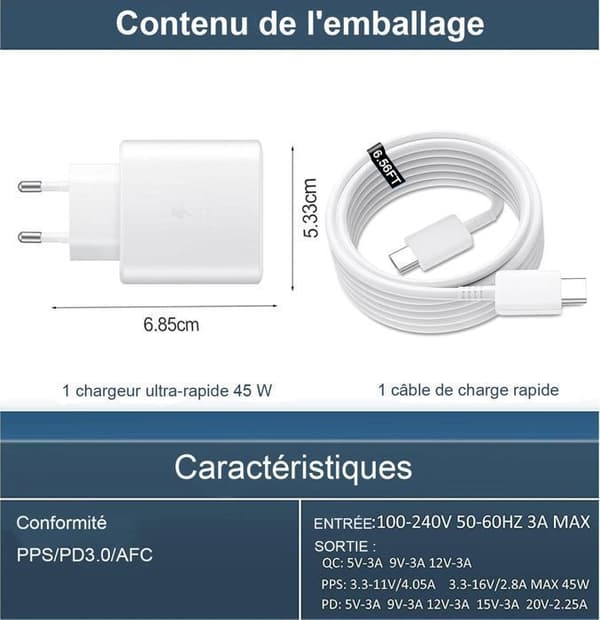 Laddare 45W Super Snabbladdning kompatibel med Samsung Galaxy S24+, S24 Ultra, USB C Väggadapter med 5A Kabel - 2 PCS (Vit)