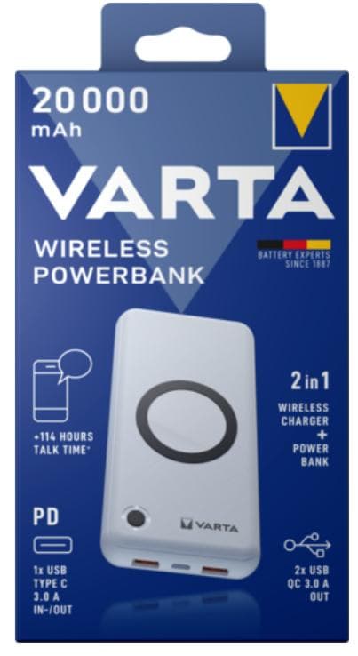 VARTA Wireless Power Bank 20000 mAh + ladekabel Kraftfuldt 2-i-1 produkt: trådløs oplader og powerbank i ét! Med de nyeste teknologitrends USB Tp C PD Hvid