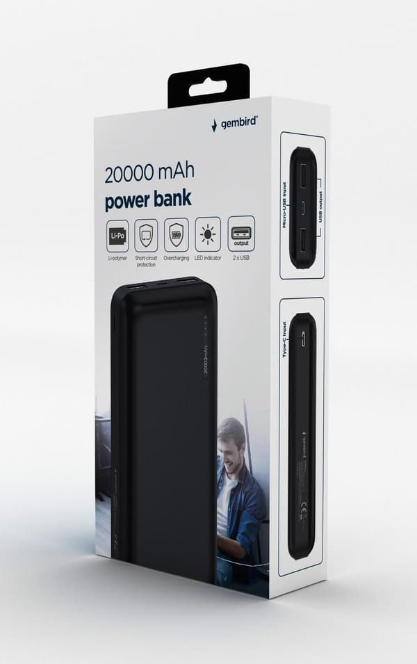 Gembird PB20-01 Powerbank Lithium Polymer (LiPo) 20000 mAh Sort (PB20-01) Sort