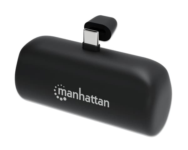 Manhattan Power Bank integroidulla USB-C-liittimellä, 5000 mAh, jopa 20 W:n lähtöteho, jalusta puhelimen lataustelineeksi, musta