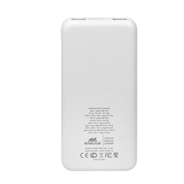 Powerbank RIVACASE 10000 mAh USB-C 20W + Qi 10W hvid (1x USB-C PD 20W, 2 USB-A QC 3.0 18W), hvid