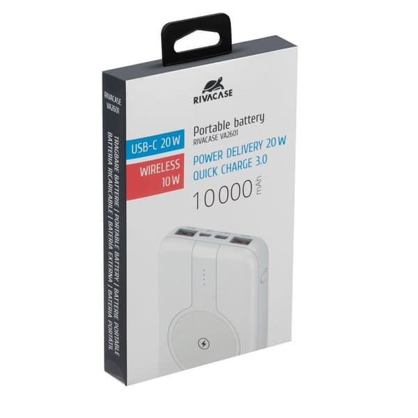 Powerbank RIVACASE 10000 mAh USB-C 20W + Qi 10W hvid (1x USB-C PD 20W, 2 USB-A QC 3.0 18W), hvid