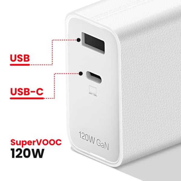 Laddare 120W Dubbel USB- och USB C-port med 1m Kabel Oneplus Vit