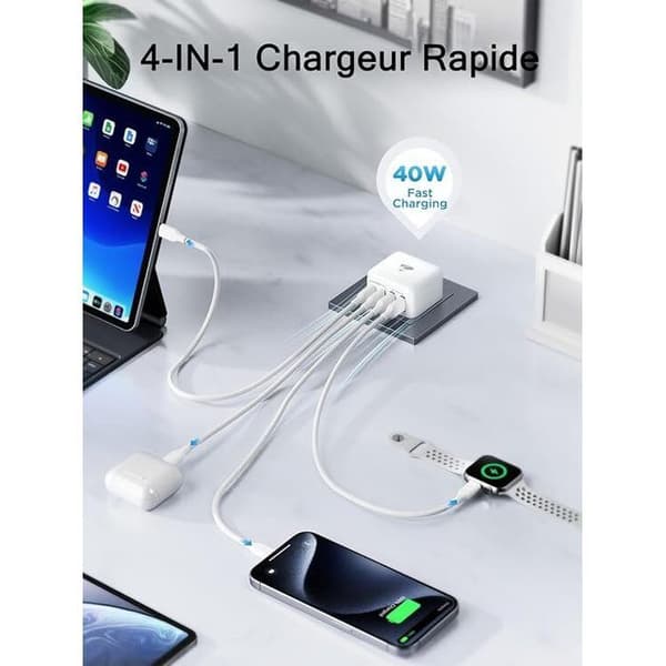 USB C-laddare, 40W 4-port USBC snabbladdare Pro Max X XS XR 8 7 6S Plus Mini SE, iPad, Samsung Galaxy