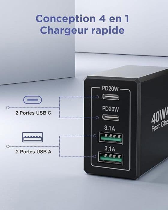 USB C-laddare - Ej specificerad - 40W - 4 portar - Snabbladdning - Kompatibel med iPhone 15