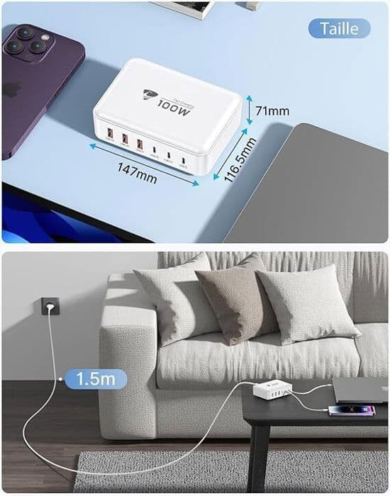 USB C-laddare 100W - Universal - 6 portar - Snabb laddning - Överspänningsskydd - 1,5 m