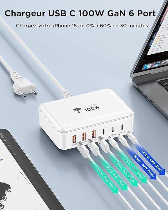 USB C-laddare 100W - Universal - 6 portar - Snabb laddning - Överspänningsskydd - 1,5 m