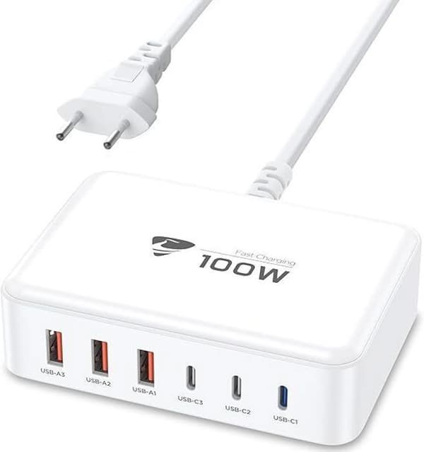 USB C-laddare 100W - Universal - 6 portar - Snabb laddning - Överspänningsskydd - 1,5 m