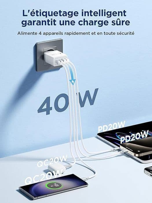 USB C-laddare - Aioneus - 40W - 4 portar - Snabbladdning - Kompatibel med iPhone och Samsung