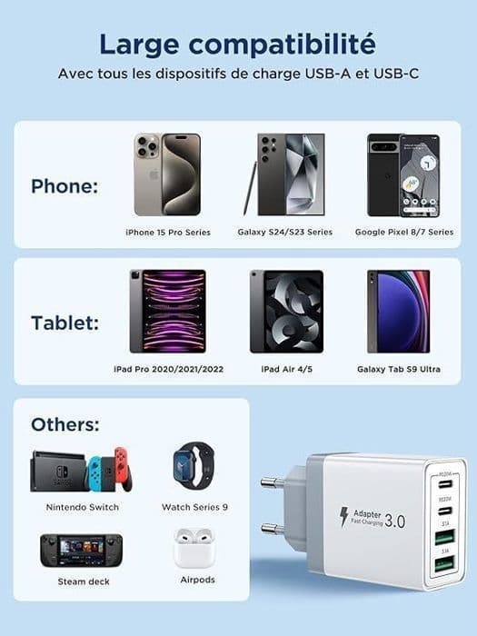 USB C-laddare - Aioneus - 40W - 4 portar - Snabbladdning - Kompatibel med iPhone och Samsung