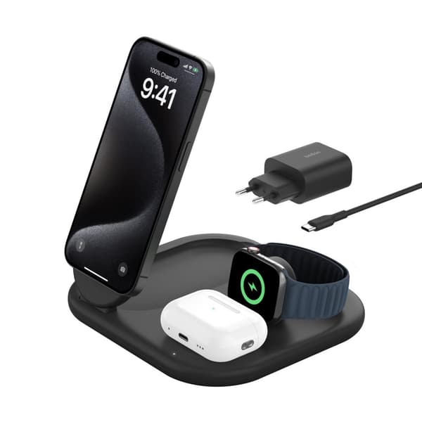 Belkin BoostCharge Hörlurar, Smartphone, Smartklocka Svart USB Trådlös laddning Snabbladdning Inomhus Svart