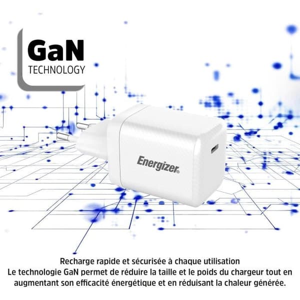 Snabbladdare 45W - ENERGIZER - USB-C - GaN-teknik - Power Delivery - Kompatibel med Samsung