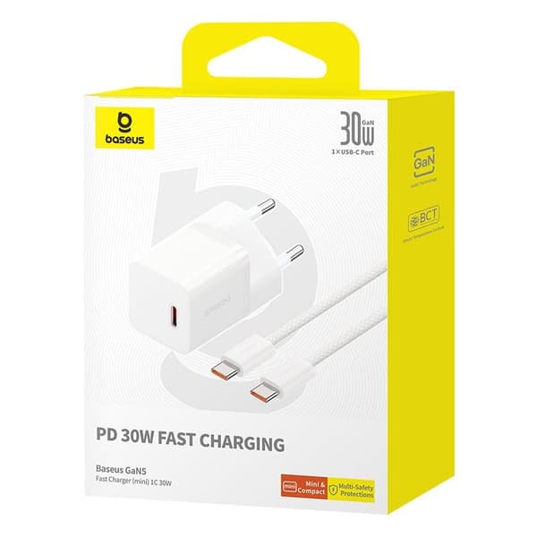 Baseus P10110902213-01 USB-C GaN5 mini 30W strømoplader Hvid