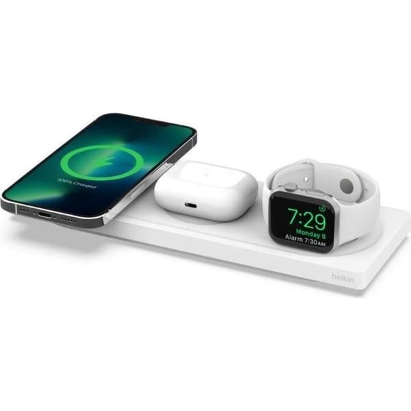 Belkin 3-i-1 MagSafe-laddare, MFi-certifierad, snabbladdning för iPhone 13 och 12 Series Pro, Pro Max, mini, Apple Vit