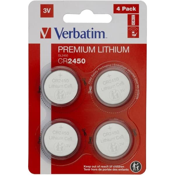 VERBATIM Premium CR2450 Lithium-knappcellsbatterier 4-pack 3V 580mAh - Litiumbatterier för klocka, bilnyckel,