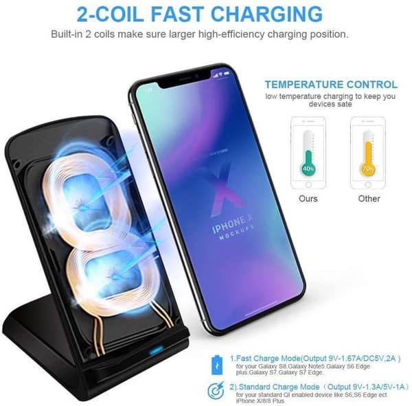 Tec-digi - 1 - Qi trådlös laddare för mobiltelefon, snabbladdare för iPhone Samsung Phone Qi Certified Black