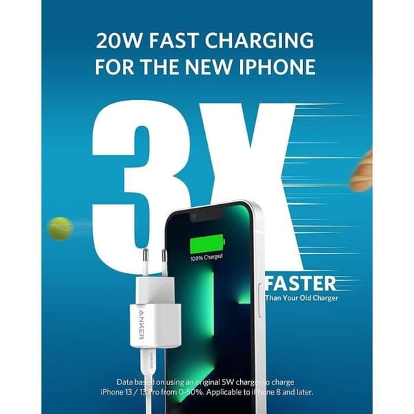 Snabbladdare - ANKER - Nano 20W - USB C - PIQ 3.0 - Kompatibel med iPhone 12/12 Pro/Pro Max