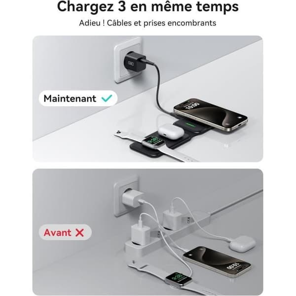 Trådlösladdare 3-i-1 - INIU - MagSafe - Kompatibel med iPhone, Apple Watch, AirPods - Svart