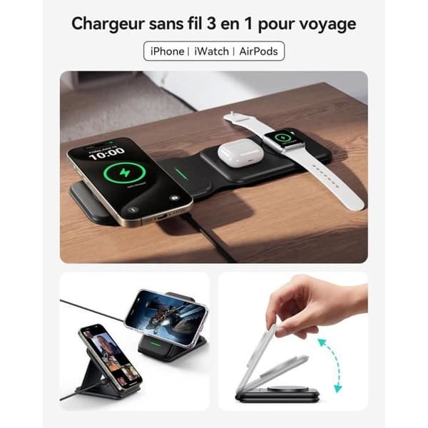 Trådlösladdare 3-i-1 - INIU - MagSafe - Kompatibel med iPhone, Apple Watch, AirPods - Svart