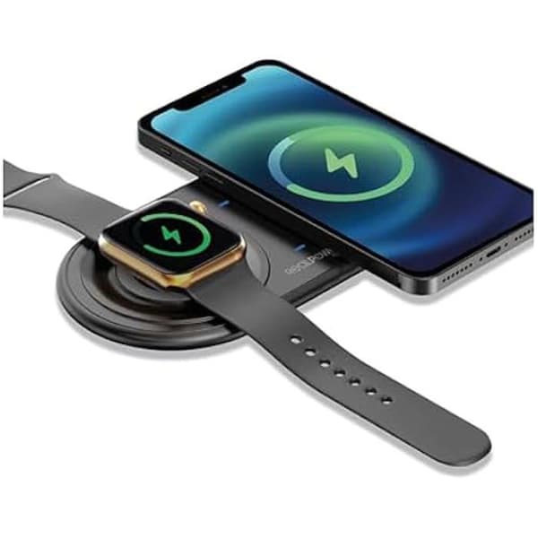 Trådlös Laddare - REALPOWER - ChargeAIR Duo - 15W - Kompatibel med iPhone och Samsung - 2 i 1 Svart