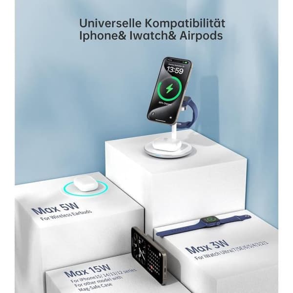 Trådlös laddstation 3 i 1 - DEESOOCO - Mag-Safe - 15W - Kompatibel med iPhone, Apple Watch, AirPods