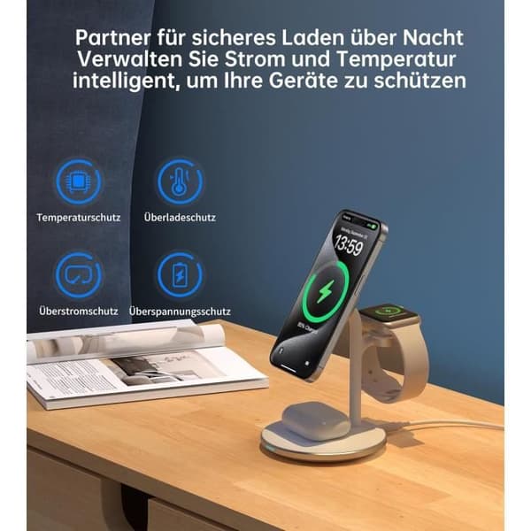 Trådlös laddstation 3 i 1 - DEESOOCO - Mag-Safe - 15W - Kompatibel med iPhone, Apple Watch, AirPods