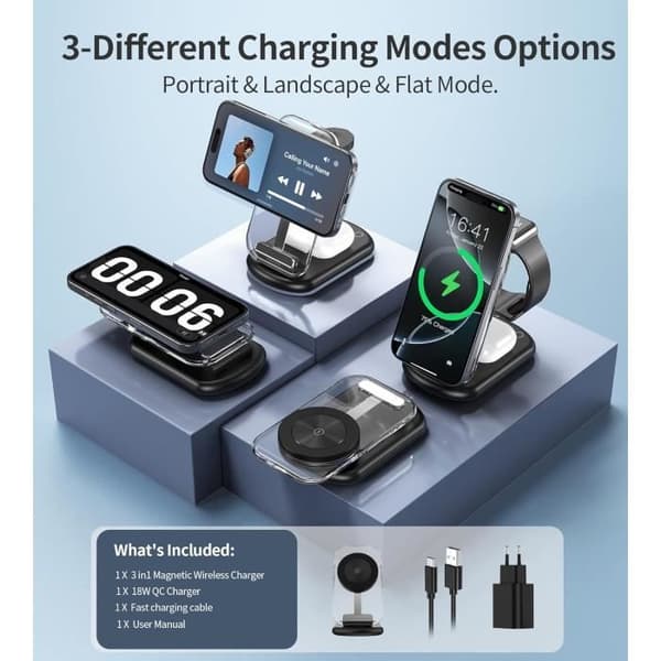Trådlös laddare 3 i 1 - Mag-Safe - iPhone, iWatch, AirPods - Snabbladdning - Fällbar - Kompatibel med Apple