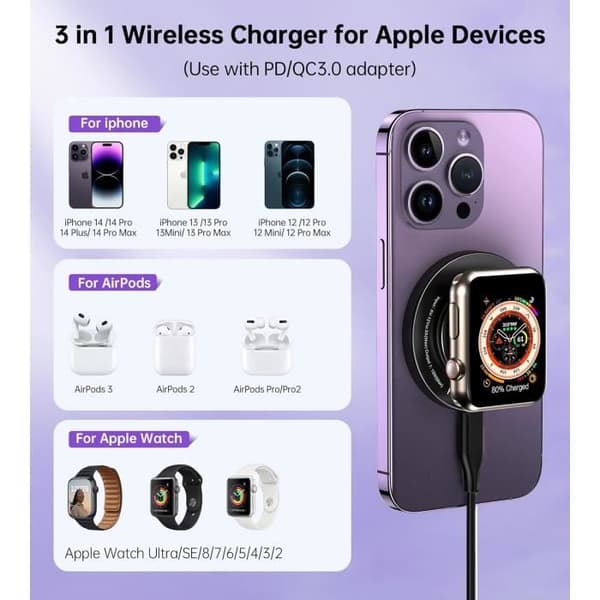 Laddare 3 i 1 - Apple - Mag Safe - Kompatibel med iPhone 15/14/13/12 - Apple Watch - AirPods 3 Pro