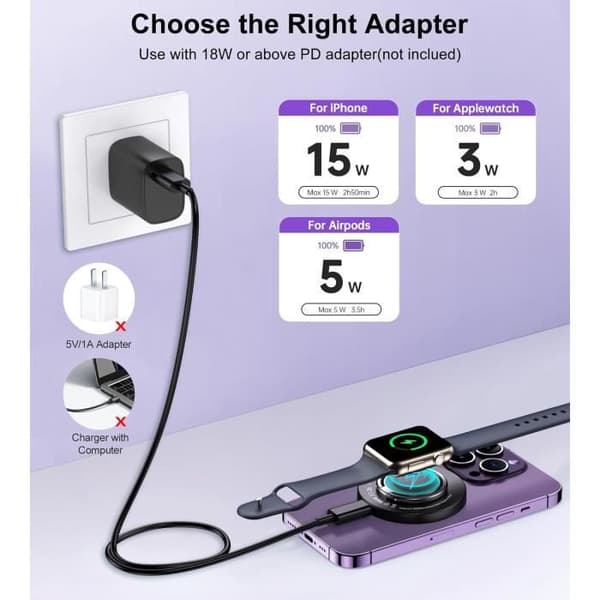 Laddare 3 i 1 - Apple - Mag Safe - Kompatibel med iPhone 15/14/13/12 - Apple Watch - AirPods 3 Pro