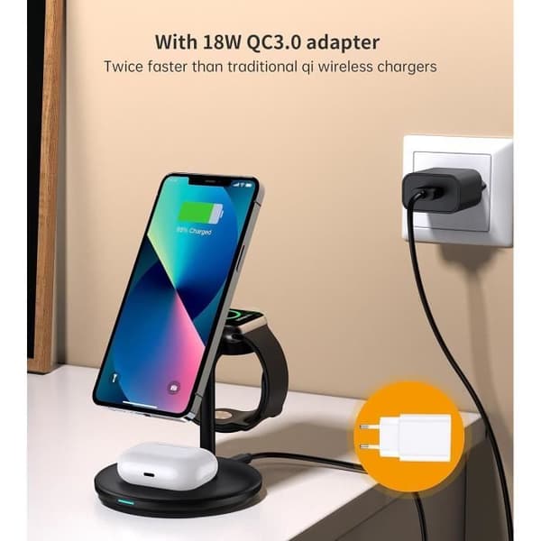 Trådlös laddare 3 i 1 - BHHB - USB C 18W - Kompatibel med iPhone, Apple Watch, AirPods - 15W snabb