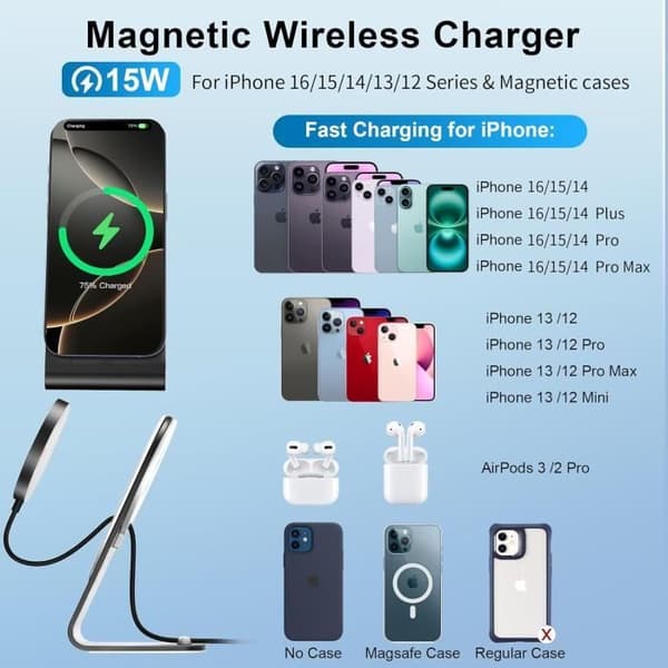 Mag Safe-laddare - BHHB - iPhone 1615141312XsXXr8 - Induktion - Aluminiumstöd - Svart