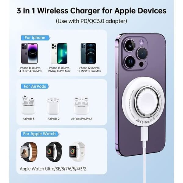 Trådlös laddare 3 i 1 - Apple - iPhone 14/13/12 - Snabbladdning - Kompatibel med AirPods - Inbyggd hållare
