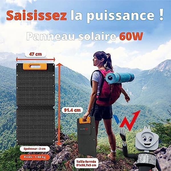 Bärbar solenergiladdare - WONDER FULL ENERGY - Panel 60W - Snabbladdning - Vattentålighet IP65 - Fällbar