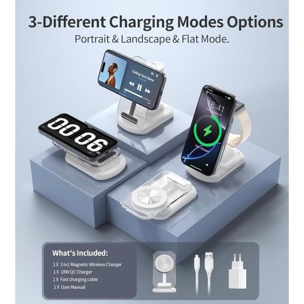 Trådlös laddare 3 i 1 - Apple - Mag-Safe - Snabbladdning - Fällbar - Taktile nattlampa