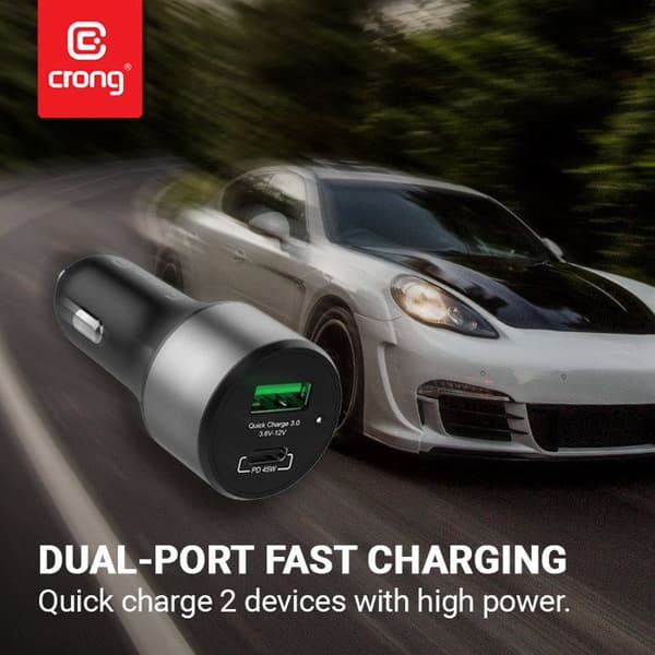 USB-bil laddare Crong Power 63WC PD 45W + USB QC 3.0 18W (svart)