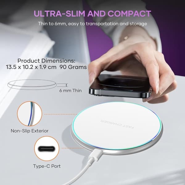 OBOSOE 15W hurtig Qi trådløs oplader – Kompatibel med iPhone 16/15/14/13/12/11/Pro Max/Mini/Plus/XR/X/8, Samsung Galaxy, AirPods og mere.