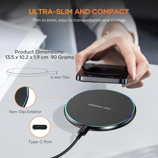 OBOSOE 15W hurtig Qi trådløs oplader – Kompatibel med iPhone 16/15/14/13/12/11/Pro Max/Mini/Plus/XR/X/8, Samsung Galaxy, AirPods og mere.