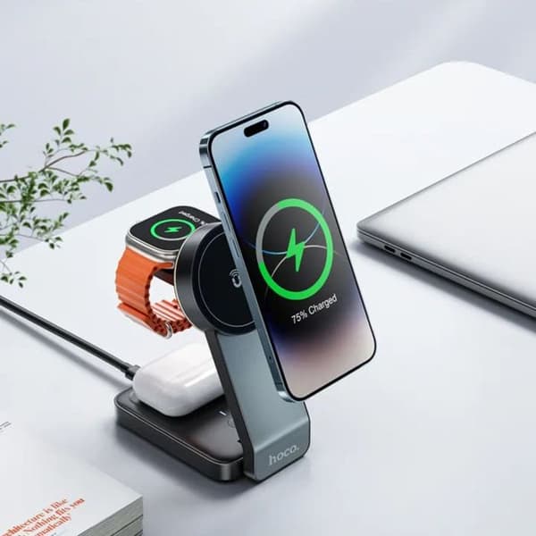 Trådlös Motorladdningsstation (CQ3) Induktiv Fällbar 3-i-1, för iPhone, Apple Watch, AirPods - Hoco - Svart