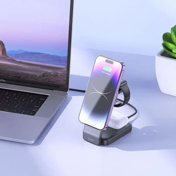 Trådlös Motorladdningsstation (CQ3) Induktiv Fällbar 3-i-1, för iPhone, Apple Watch, AirPods - Hoco - Svart
