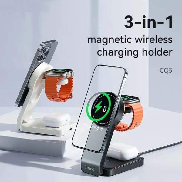 Trådlös Motorladdningsstation (CQ3) Induktiv Fällbar 3-i-1, för iPhone, Apple Watch, AirPods - Hoco - Svart