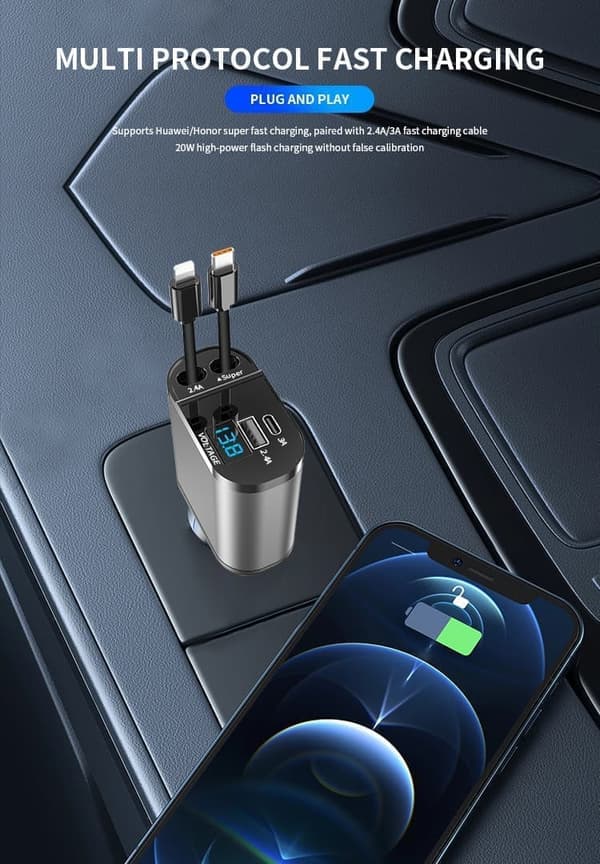 OBOSOE 2 Pack Retractable Bil-Laddare – Dubbla USB-C Kablar, PD Snabbladdning, Spänningsmätare, Vattentålig Cigarettändaradapter