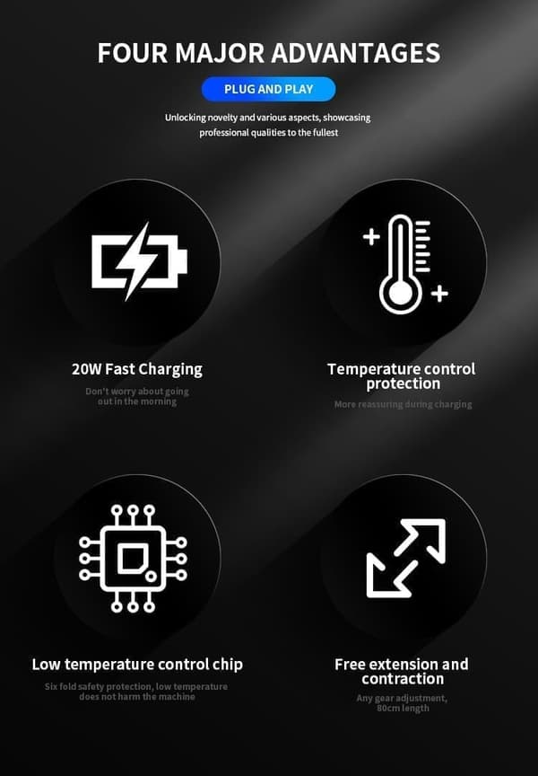 OBOSOE 2 Pack Retractable Bil-Laddare – Dubbla USB-C Kablar, PD Snabbladdning, Spänningsmätare, Vattentålig Cigarettändaradapter